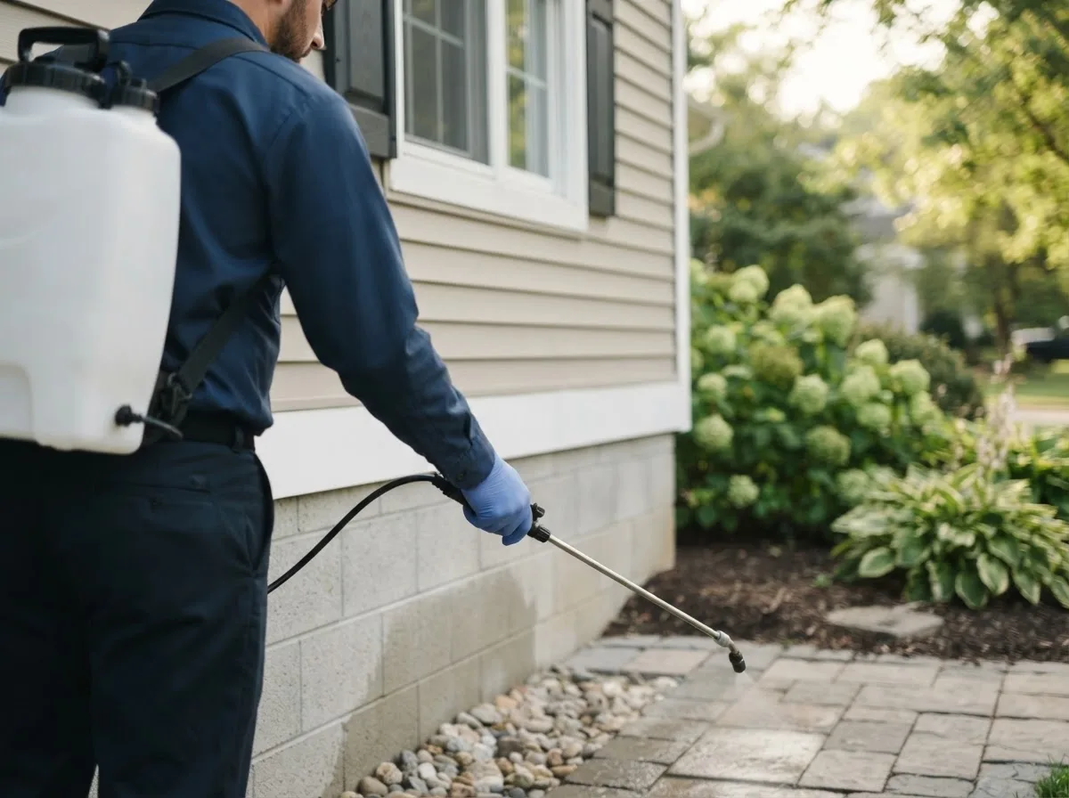 Pest control technician inspecting a home in Ellenburg, NY